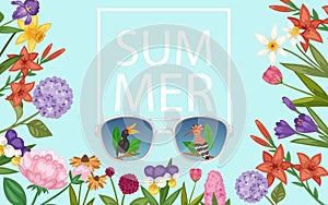 Summer flowers and sunglasses with tropical birds vector illustration. Exotic birds, sunlight and flowers frame