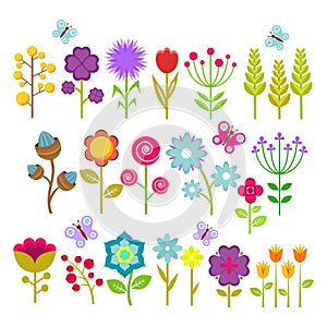 Summer flowers vector collection. Cute floral elements for retro 70s design