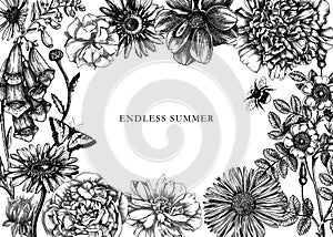 Summer flowers vector frame. With hand-sketched garden plants drawings. Floral banner, card or wedding invitation design template