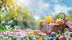 summer food banner featuring a picnic basket filled with sandwiches, fruits, and drinks on a checkered blanket, creating