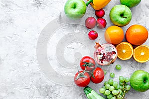 Summer food with fresh fruits and vegetables top view space for text