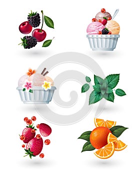 Summer food icons set. Ice cream, fruits and berries. Fresh dessert illustration.