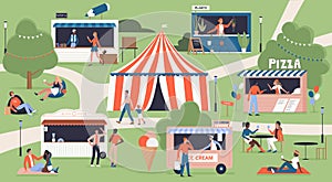 Summer food market festival map, city fair in green park, happy family with kids walking