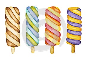 Summer foods. Mix of variouse hand drawn, watercolor ice cream, isolated.