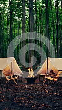 Summer forest campground with tents and cozy fireplace