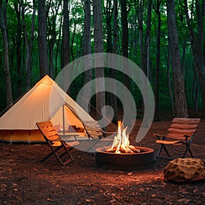 Summer forest campground with tents and cozy fireplace