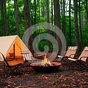 Summer forest campground with tents and cozy fireplace