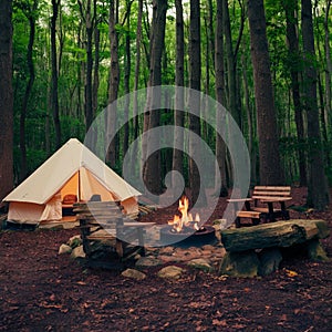 Summer forest campground with tents and cozy fireplace