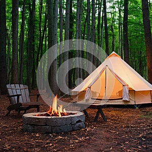 Summer forest campground with tents and cozy fireplace