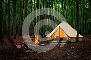 Summer forest campground with tents and cozy fireplace