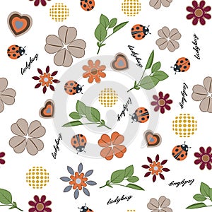 Summer forest floral seamless pattern hand drawn spring pastel garden background with flowers, leaves, shamrocks and ladybugs