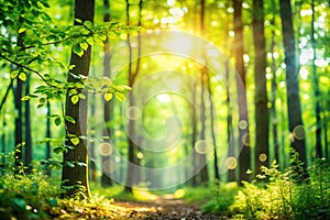 Summer forest with fresh foliage and bokeh photo