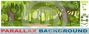 Summer forest landscape. Set for parallax effect. Dense foliage, shrubs and a clearing at the edge. Nature illustration