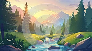 Summer forest with river, grass and mountains on the background. Sunset scene of natural park with streams of water