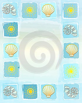 Summer frame background with suns, shells and scallops in square