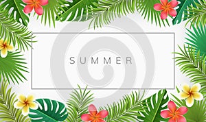 Summer frame with palm leaf and tropical flower