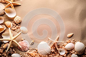 Summer frame seashells, sand and yellow background