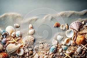 Summer frame seashells, sand and yellow background