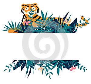 Summer frame with tropical jungle leaves, flowers and tiger.Vector illustration.