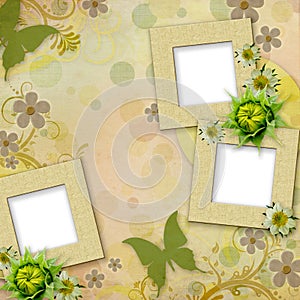 Summer frames with green butterfly, flowers