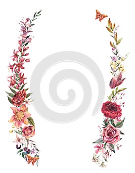 Summer frane template. Vintage flowers greeting card.  Watercolor floral wreath illustration