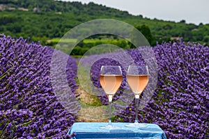 Summer in French Provence, cold gris rose wine from Cotes de Provence and blossoming colorful lavender fields on Valensole plateau