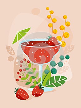 Summer fresh cocktail Strawberry daiquiri. Vector illustration