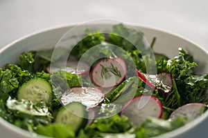 Summer fresh salad with radish, cucumber and herbs in white bowl