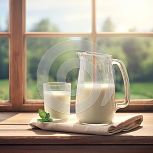 Summer freshness Milk in glass jug and glass on wooden table