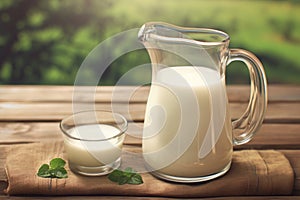 Summer freshness Milk in glass jug and glass on wooden table