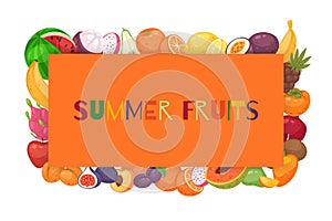 Summer fruit banner, vector illustration. Food design background, fresh exotic tropical natural product, template poster