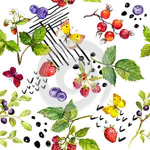 Summer fruit and berry background. Seamless pattern with berries, butterflies. Artistic watercolor in fun memphis style