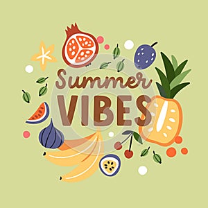 Summer fruit card with exotic tropical vitamin food. Fruity square background design with banana, pineapple, fig