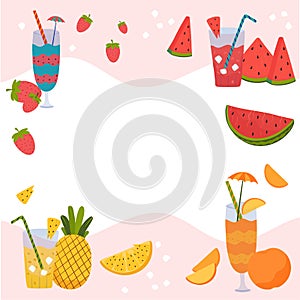 Summer fruit cocktails strawberry, watermelon, pineapple and orange, vector illustration