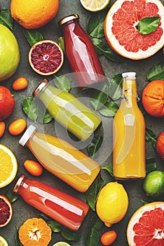 Summer fruit drinks. Citrus juices and smoothies in bottles, food background, top view. Mix of different whole and cut fruits: