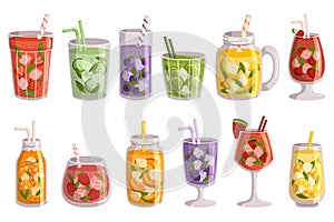 Summer Fruit Drinks Set. Strawberry, Cucumber with Mint, Blueberry, Lime or Lemon, Cherry, Orange, Raspberry and Peach