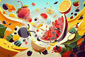 summer fruit frenzy, with fruits and berries flying across the screen