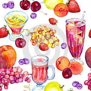 Summer fruit mix, beverages. Seamless food fruit pattern. Watercolor