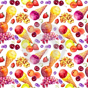 Summer fruit mix and icecreams. Repeating food pattern. Watercolor