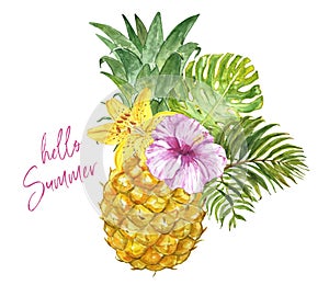 Summer fruit pineapple with green palm leaves, tropical flowers. Watercolor summer beach illustration