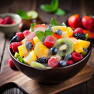 Summer fruit salad with berries in a wooden plate on a wooden table
