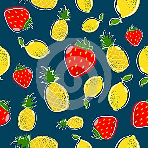 Summer fruit seamless pattern with strawberry and lemon