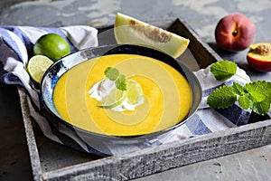 Summer fruit soup with Galia melon and peaches