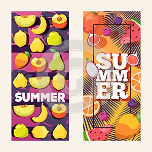 Summer fruit vertical banners, vector illustration. Mix of fresh juicy fruits, healthy vegetarian food. Summer
