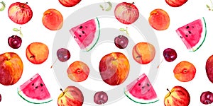 Summer fruits - apricot, peach, cherry, watermelon. Seamless food background. Watercolor