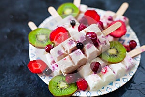 Summer fruits and berry homemade lolly pops ice cream. Group of