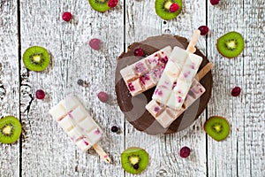 Summer fruits and berry homemade lolly pops ice cream. Group of