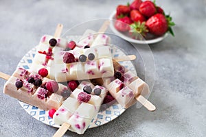 Summer fruits and berry homemade lolly pops ice cream. Group of