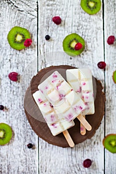 Summer fruits and berry homemade lolly pops ice cream. Group of