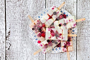 Summer fruits and berry homemade lolly pops ice cream. Group of